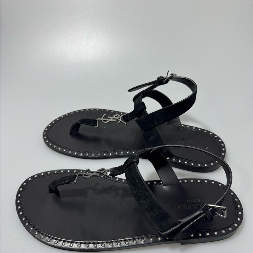 Saint Laurent Cassandra Flat Sandals in Suede with Silver-tone Monogram Black - Picture 3 of 6
